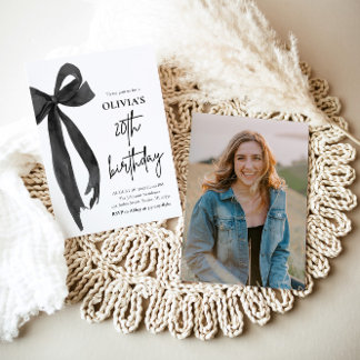 Elegant Watercolor Black Bow 20. Geburtstagsparty Einladung