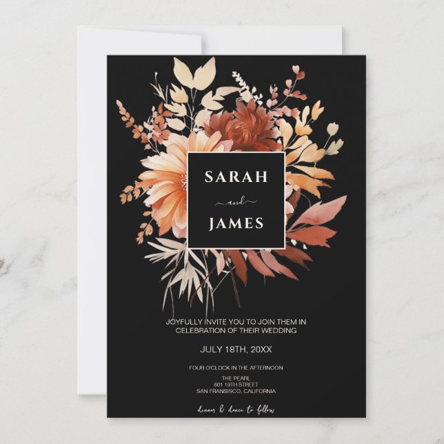 Elegant Watercolor Black Floral Fall Wedding      Einladung (Vorderseite)
