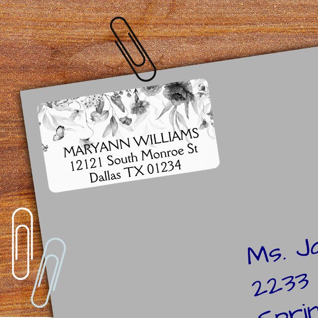 Elegant Watercolor Black White Floral Address Adressaufkleber (Von Creator hochgeladen)
