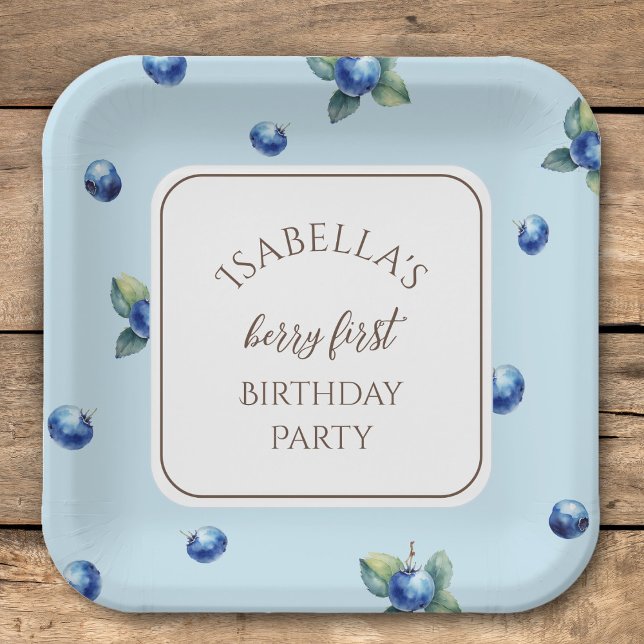 Elegant Watercolor Blue Berry First Birthday Party Pappteller (Von Creator hochgeladen)