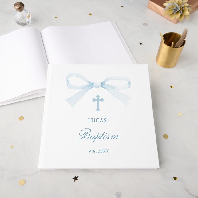 Elegant Watercolor Blue Bow Baptism Gästebuch (Vorderseite offen)