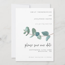 Elegant Watercolor Blue Eucalyptus Script Wedding Save The Date
