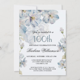Elegant Watercolor Blue Floral 100th Birthday  Einladung