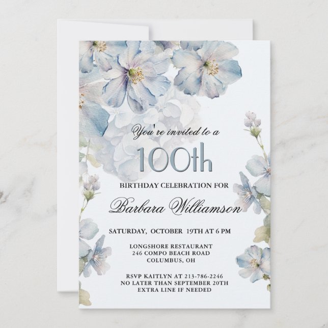 Elegant Watercolor Blue Floral 100th Birthday  Einladung (Vorderseite)