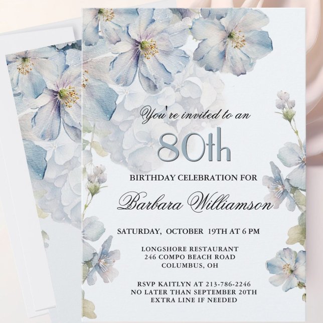 Elegant Watercolor Blue Floral 80th Birthday  Einladung (Von Creator hochgeladen)