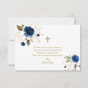 Elegant Watercolor Blue Floral Gold Taufe Dankeskarte