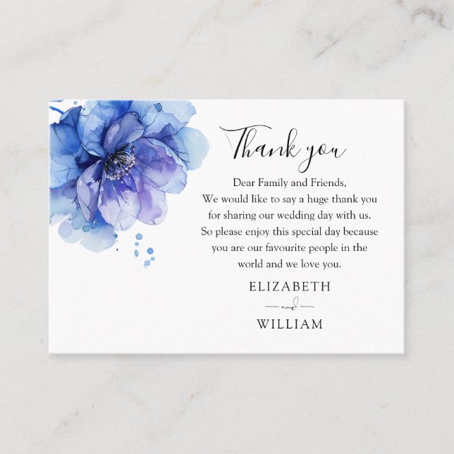 Elegant Watercolor Blue Floral Wedding Vielen Dank Platzkarte (Vorderseite)