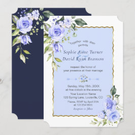 Elegant Watercolor Blue Flowers Navy Blue Wedding Einladung