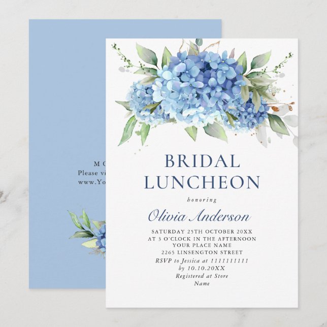 Elegant Watercolor Blue Hydrangea BRIDAL LUNCHEON Einladung (Vorne/Hinten)