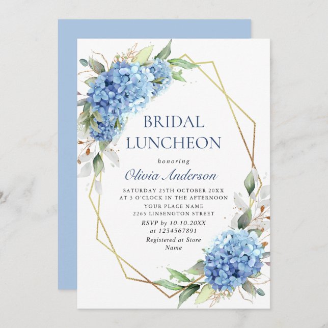 Elegant Watercolor Blue Hydrangea BRIDAL LUNCHEON Einladung (Vorne/Hinten)