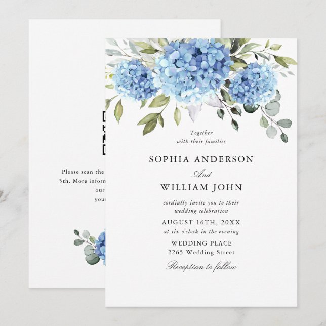 Elegant Watercolor Blue Hydrangea Flora Wedding Einladung (Vorne/Hinten)