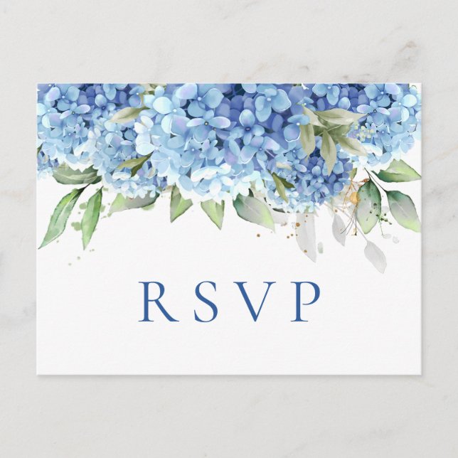 Elegant Watercolor Blue Hydrangea Wedding RSVP Postkarte (Vorderseite)