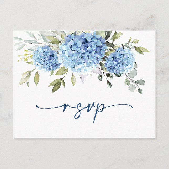 Elegant Watercolor Blue Hydrangea Wedding RSVP Postkarte (Vorderseite)