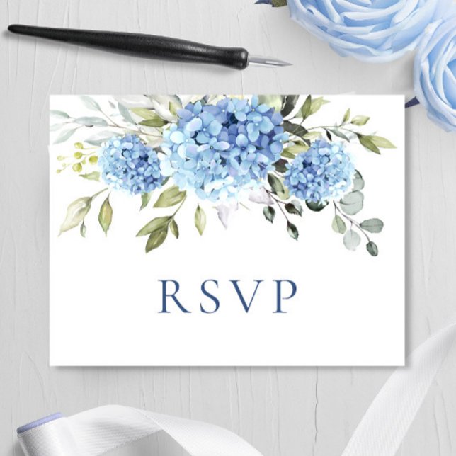 Elegant Watercolor Blue Hydrangea Wedding RSVP Postkarte (Von Creator hochgeladen)
