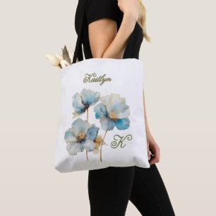 Elegant Watercolor Blue Poppies Monogram Name