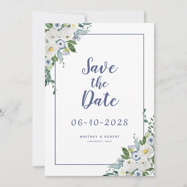 Elegant Watercolor Blumengrün Hochzeit Blau Save The Date (Vorderseite)