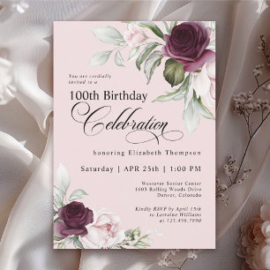 Elegant Watercolor Blütenrosa 100. Geburtstag Einladung