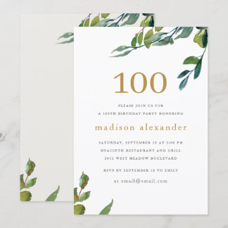 Elegant Watercolor Botanical 100. Geburtstag Einladung