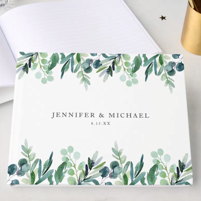 Elegant Watercolor Botanical Greenery Wedding Gästebuch (Von Creator hochgeladen)
