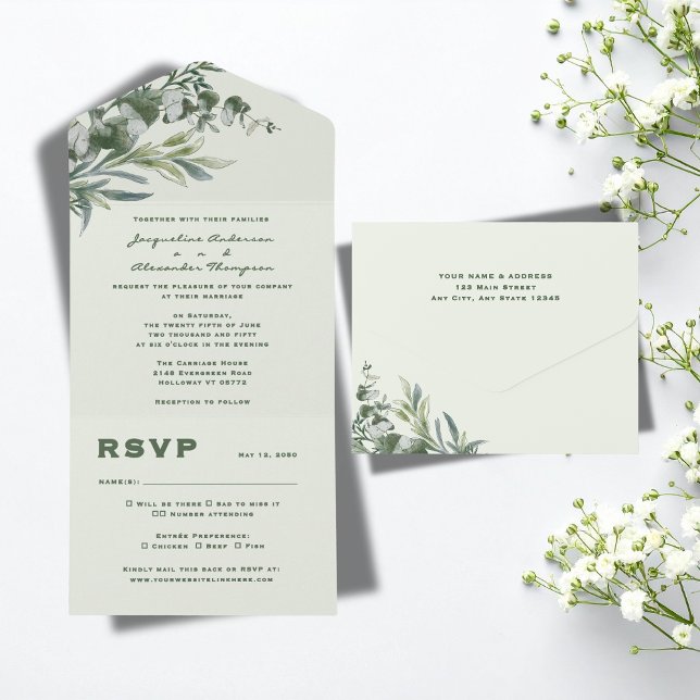 Elegant Watercolor Botanical Wedding  All In One Einladung (Watercolor Botanical Garden Wedding All In One Invitation)