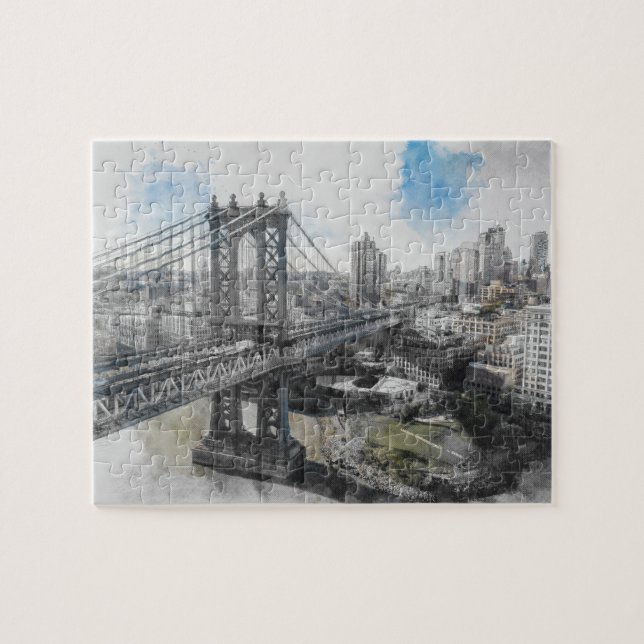 Elegant Watercolor Brooklyn Bridge NYC Puzzle (Horizontal)