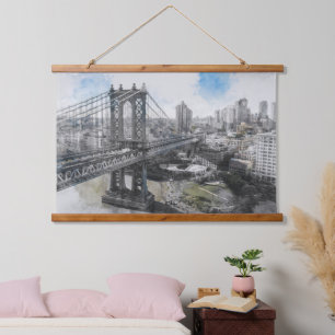 Elegant Watercolor Brooklyn Bridge NYC Wandteppich Mit Holzrahmen