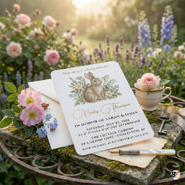 Elegant Watercolor Bunny and Wildflower Garden Bab Einladung