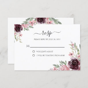 Elegant Watercolor Burgund Mauve Greenery RSVP Karte