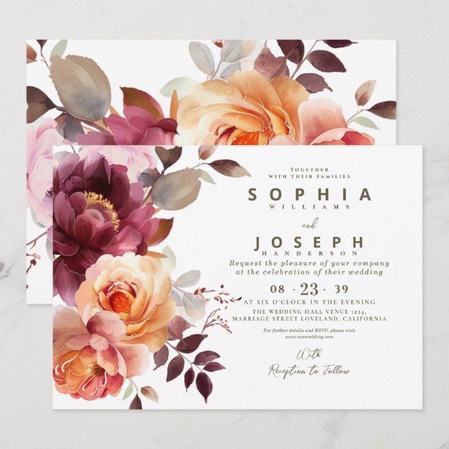 Elegant watercolor Burgundy Bouquet Floral Wedding Einladung (Vorne/Hinten)