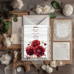 Elegant Watercolor Burgundy Dahlia Bridal Einladung