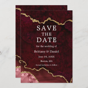 Elegant Watercolor Burgundy Marble Agate Geode Save The Date