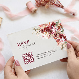 Elegant Watercolor Burgundy QR Code Wedding RSVP Karte