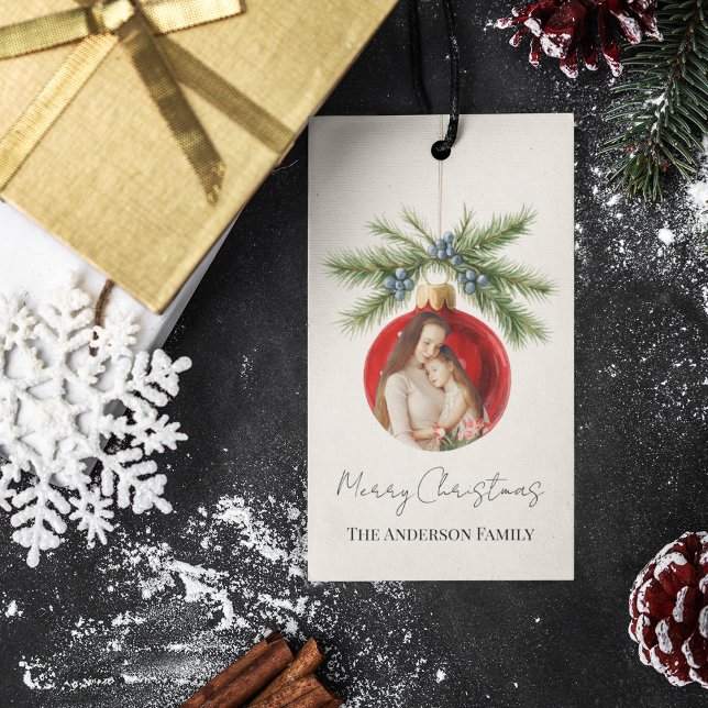 Elegant Watercolor Christmas Ornament Family Photo Geschenkanhänger (Von Creator hochgeladen)