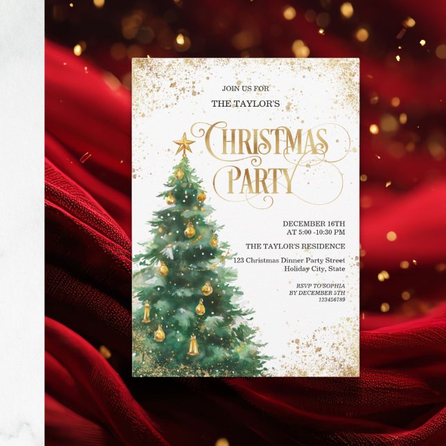 Elegant Watercolor Christmas Tree Einladung (Elegant watercolor Christmas tree invitation featuring a hand-painted tree  with delicate ornaments)