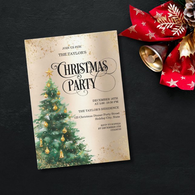 Elegant Watercolor Christmas Tree Einladung (Elegant watercolor Christmas tree invitation featuring a hand-painted tree with gold background)