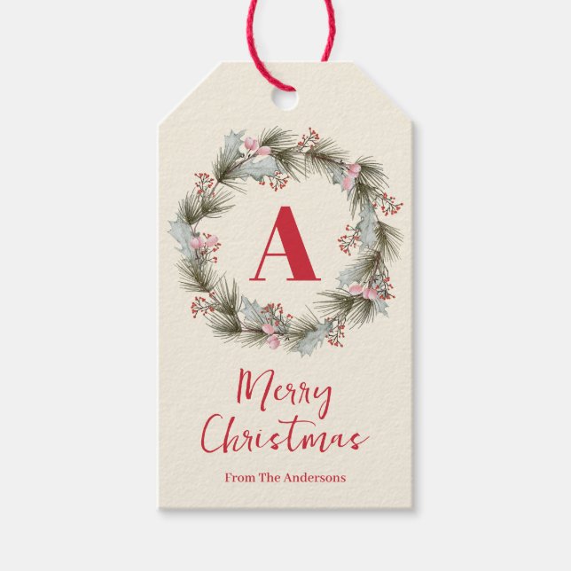 Elegant Watercolor Christmas Wreath Monogram Geschenkanhänger (Vorderseite)