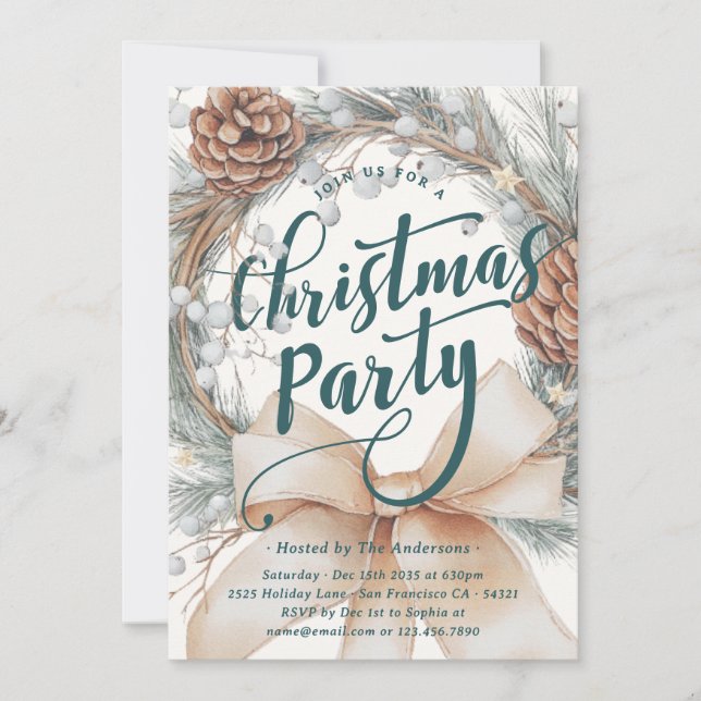 Elegant Watercolor Christmas Wreath Party Einladung (Vorderseite)