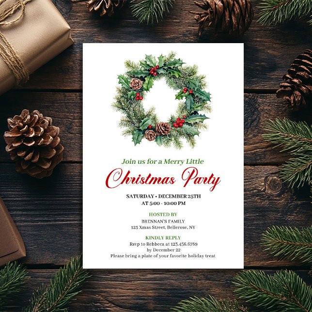 Elegant Watercolor Christmas Wreath Party Invite Einladung (Elegant Watercolor Christmas Wreath Party Invite)
