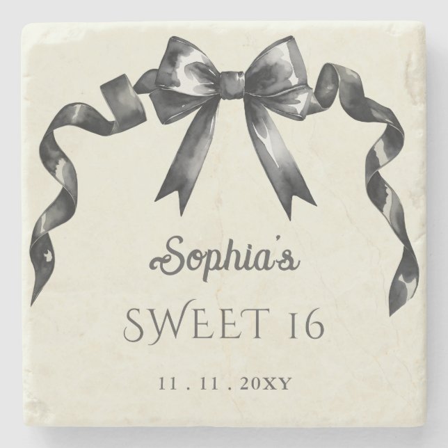 Elegant Watercolor Coquette Black Bow Sweet 16 Steinuntersetzer (Vorderseite)