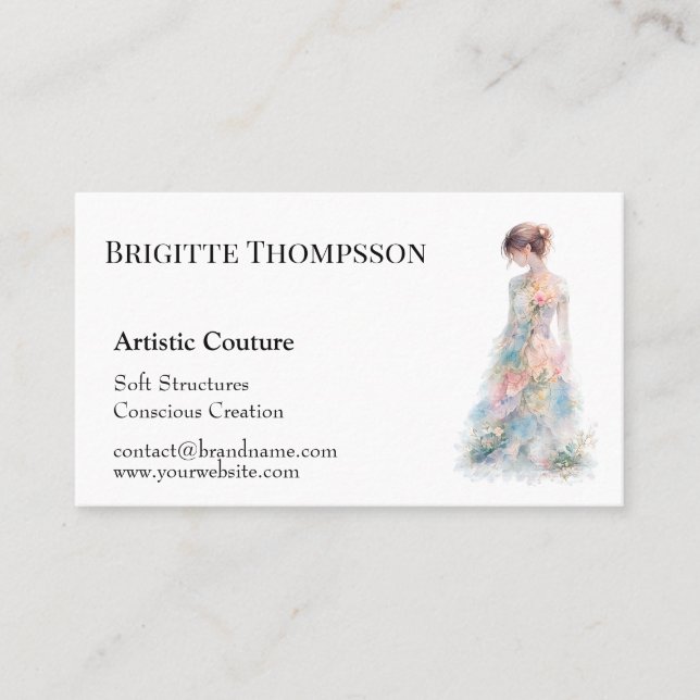 Elegant Watercolor Couture Bridal Fashion Designer Visitenkarte (Vorderseite)