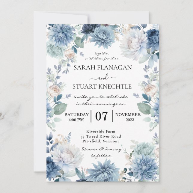 Elegant Watercolor Dusty Blue Blumen Hochzeit Einladung (Vorderseite)