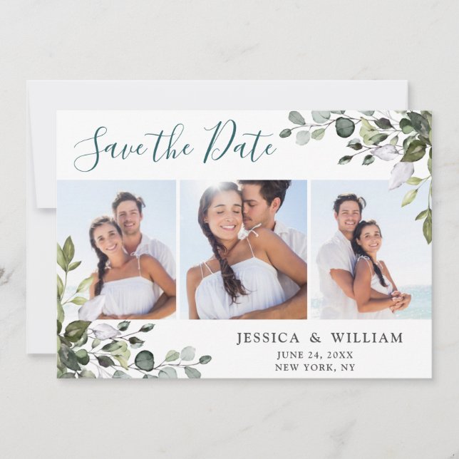 Elegant Watercolor Eucalyptus 3 FOTO Wedding Save The Date (Vorderseite)
