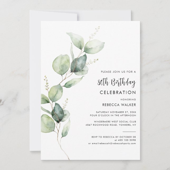 Elegant Watercolor Eucalyptus 80th Birthday Party Einladung (Vorderseite)