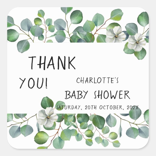 Elegant Watercolor Eucalyptus Baby Shower Quadratischer Aufkleber (Vorderseite)