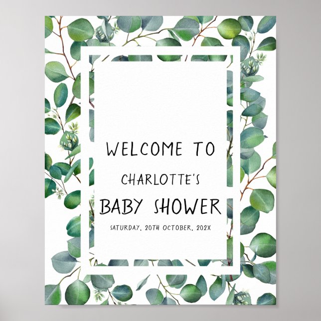 Elegant Watercolor Eucalyptus Baby Shower Welcome Poster (Vorne)