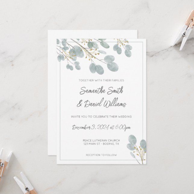 Elegant Watercolor Eucalyptus Wedding Einladung (Vorderseite/Rückseite Beispiel)