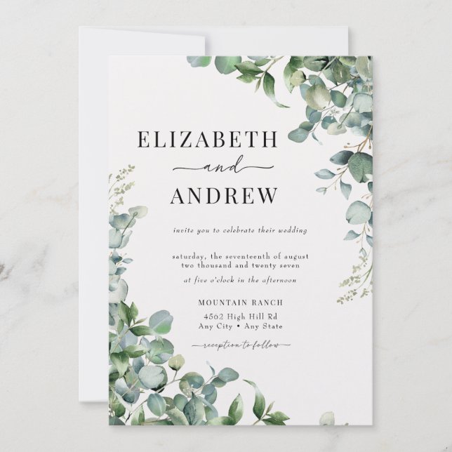 Elegant Watercolor Eucalyptus Wedding Einladung (Vorderseite)