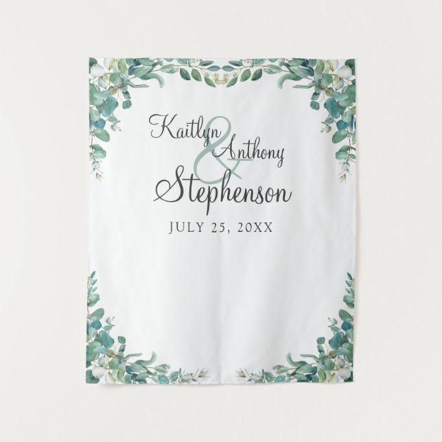 Elegant Watercolor Eucalyptus Wedding Foto Booth Wandteppich (Vorderseite)
