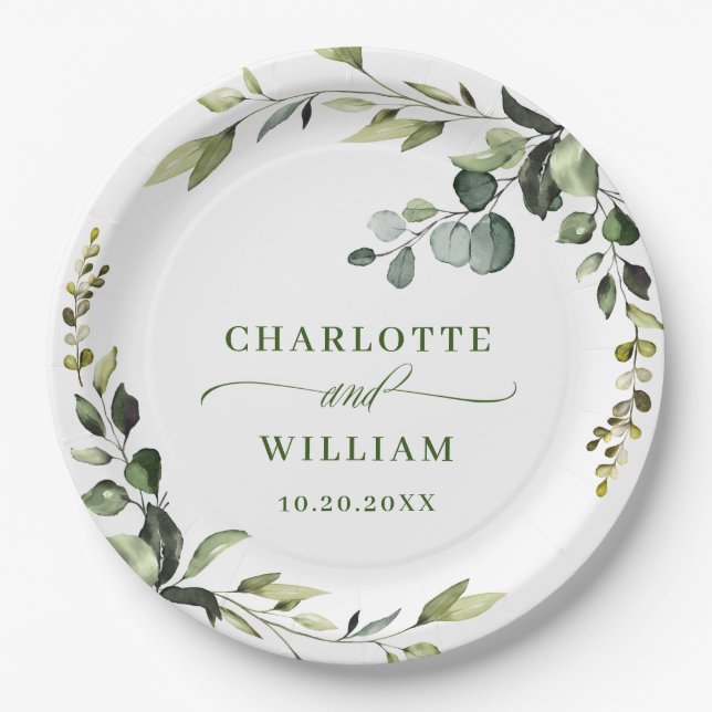 Elegant Watercolor Eucalyptus Wedding Pappteller (Vorderseite)