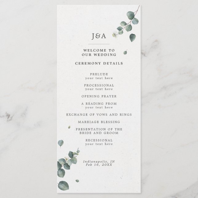 Elegant Watercolor Eucalyptus Wedding Programm (Vorderseite)